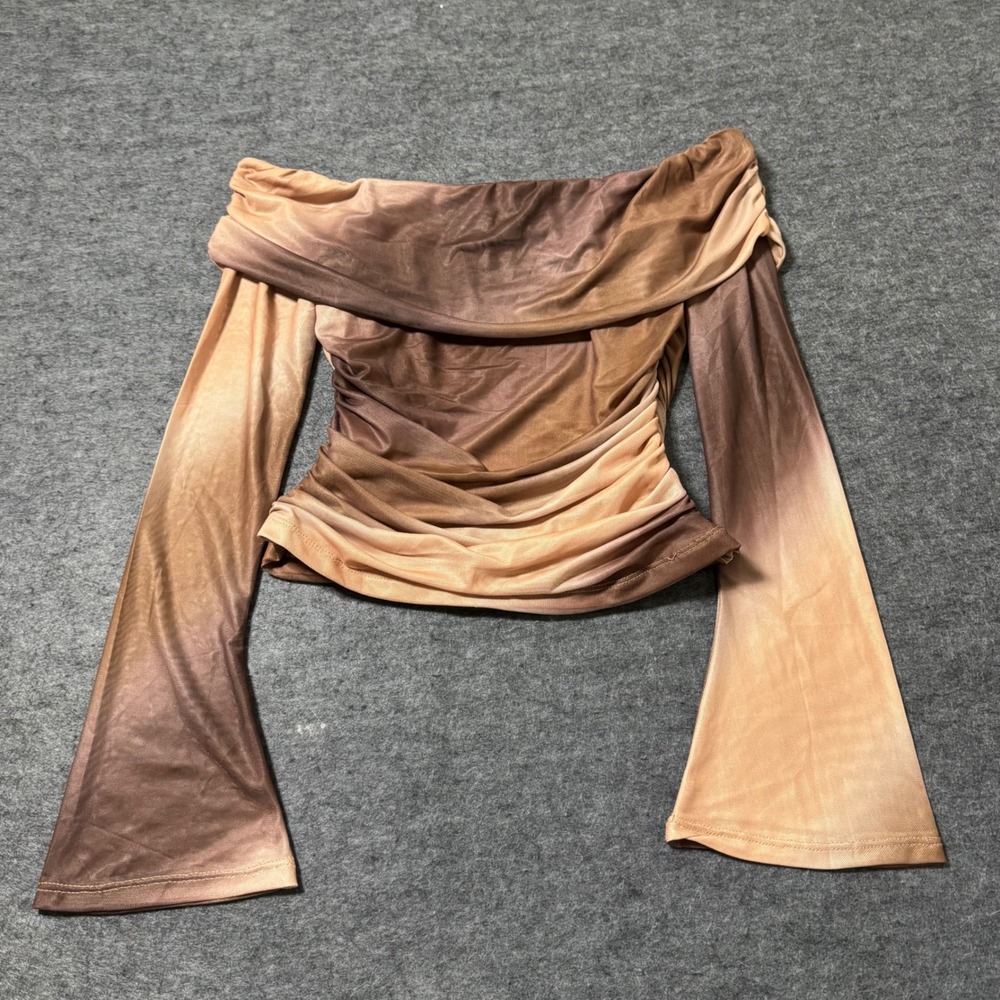 Princess Polly Ombre Mesh Off Shoulder Ruched Flared Sleeve Top Brown Tan Sz 4